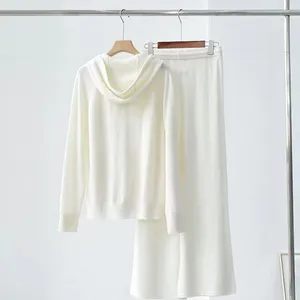 Women's 100% Cashmere Suit Hooded Zipper Coat Knitted Sweater Wide-leg Pants Two-piece Set for Autumn and Winter thumbnail-2