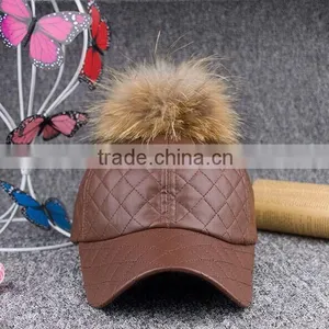 Fashion Plaid Sport Hat With Real Raccoon Fur Balls PU Leather Snapback Baseball Caps With Animal Fur Pompoms thumbnail-4