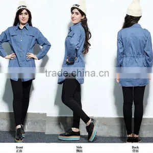 Denim Jacket 2014 New Women Coat Female Long European Full Regular Sleeves Slim Metal Buttons Jean Jackets Solid WholeSale thumbnail-3
