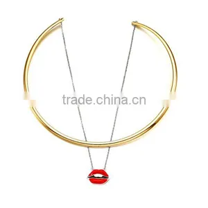 2016 Fashion Women Punk Necklaces Charm Party Gold Plated Red Lip Necklace Choker Collar Necklace thumbnail-2