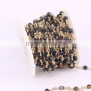 Fashion 5Meter Brown Agate Faceted Round Bead Rosary Style Chain, Gold Plated Wire Wrapped Chain Necklace DIY Jewelry Findings thumbnail-2
