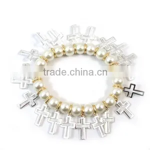 Handmade Bracelet Chain With 8 mm White Glass Beads and Hollow-out Cross thumbnail-2