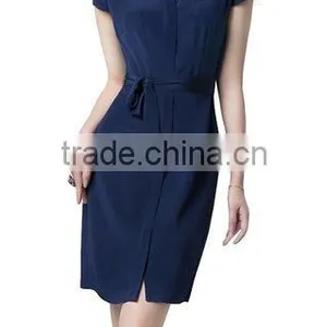 Women's Navy Short Sleeve Shift With Sash Neck Short Sleeve Slim Silk Midi Dress thumbnail-1