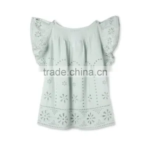 Latest Fancy Pretty Broderie Anglaise Blue Cotton Girls Top With Frilled Sleeves Kids Childerens Boutique Clothing HSd5108 thumbnail-4