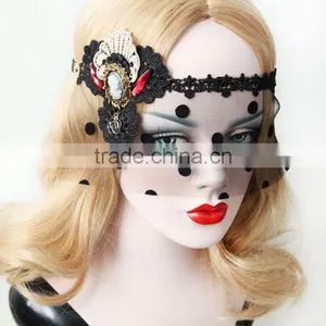 Sexy Lady Black Hollow Lace Mask,Dot Tulle Veil,Lace Flower Headband thumbnail-3