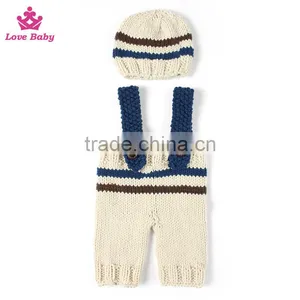 2pcs Set Baby Photography Prop Crochet Knit Boy Stripe Hat Pants Overalls thumbnail-1