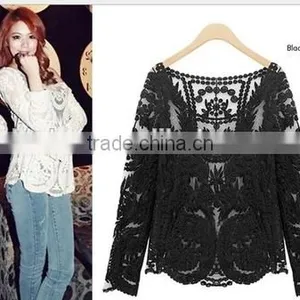 Summer Gouhua Openwork Lace Blouse Lace Openwork Short Blouse Female Temperament Lace Blouse thumbnail-6