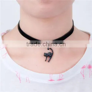 Wholesale Silver Plated Black Cat Velveteen Halloween Choker Necklace thumbnail-1