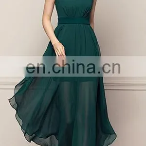 Green Pleats Ruffle Bottom Sleeveless Chiffon Long Skirt thumbnail-1