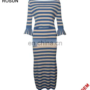 Women's Flare Sleeves Strips Long Knit Skirt Suits thumbnail-2
