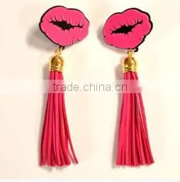 Blue Hot Pink PU Leather Tassel Lips Dangle Earrings 2016 New Arrival Brincos Longos For Women thumbnail-4