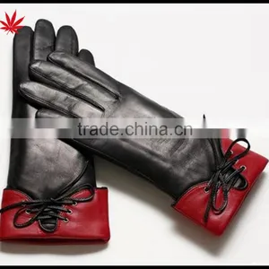 Ladies Gift All Palm Touch Screen Black and Red Sheepskin Leather Gloves thumbnail-2