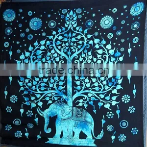 Turquoise Elephant And Big Tree Printed Tapestry Hippie Wall Hanging Mandala Tapestry Indian Cotton Bed Sheets thumbnail-1