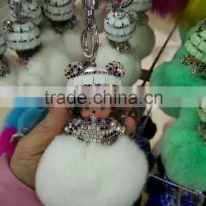 Wholesale New Designs Cute Multicolor Rhinestone Monchhichi Doll Rabbit Fur Ball Keychain thumbnail-5