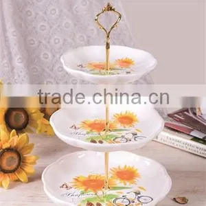 Ceramic Material Sunflower Decal Three Tiers Cake Plates With Metal Stand thumbnail-1