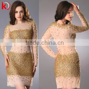 Stunning Sexy Heavy Beaded Long Sleeve Knee Length Round Neck Elegant Yellow Gold Bridesmaid Dresses thumbnail-1