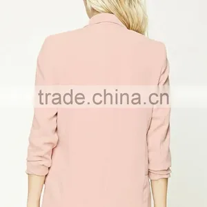 Women Formal Blazer Modern Fashion Textured Knit Open Front Long Ruched Sleeves LONGLINE Latest Blazer Design For Mature Ladies thumbnail-4