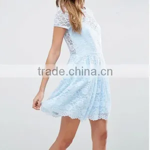 Guangzhou Clothing OEM Blue Pleated Skirt Lace Mini T-Shirt Dress thumbnail-1