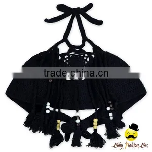 Fancy Black Plain Knitting Halter Decorative Tassel Kids Holiday Swimwear Yong Girl Bikini Bra thumbnail-2