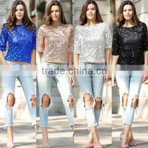 European Style 2017 Spring Women's Fashion Women's Sequin Blingbling T-shirt Brand thumbnail-1