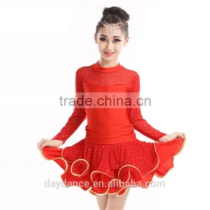 2016 New Fashion Girls High Neck Long Sleeve Performance Dress Child Kids Rhinstone Sequin Mesh Sexy Latin Dance Dress thumbnail-3