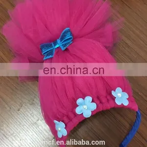 MCH-2444 New Arrival Wholesale Halloween Simple Show Tulle Pink Headdress Cosplay Trolls Wigs Headband With Bow for Kids thumbnail-1