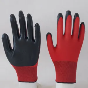 Red Polyester Knitted Black Nitrile Palm Coated Safety Work Gloves Abrasion-resistance Anti-slip Breathable thumbnail-1