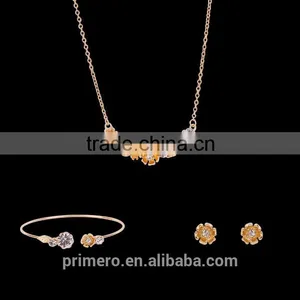 Women's 18k Gold Plated Austrian Crystal Enamel Flower Pendant Necklace Stud Earrings Jewelry Sets thumbnail-2