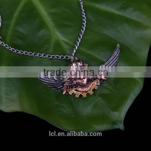 2015 Yiwu Fashion Imitation Jewelry Hot Sale New Arrive Steampunk Gear Angel Wings Pendant Statement Necklace Key Chain thumbnail-2