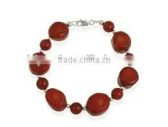 Wholesale 7" 15x20mm Freeform Red Oval Coral and 8mm Round Coral Gemstone Bracelet thumbnail-1