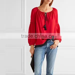 Clothes Women Cheap Ruffle Raglan Shirt Red Color thumbnail-4