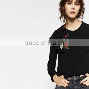 Emboridered Bottle Green Long Sleeve Chiffon Women Loose Shirts thumbnail-2