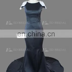 Elegant Cap Sleeve Beaded Court Train Black Long Evening Dress For Fat Women thumbnail-2