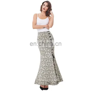 Belle Poque Women Vintage Retro Victorian Style Ruffled Jacquard Fishtail Mermaid Light Green Long Maxi Skirt BP000204-3 thumbnail-3
