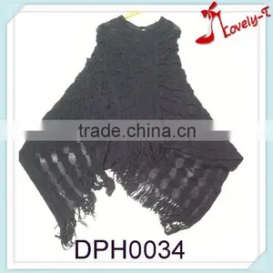 Wholesale Acryclic Crochet Knit Women Pullover Poncho Sweater With Tassels thumbnail-1