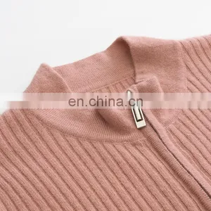 Autumn Winter Slim Fit Rib Cashmere Sweater Full Zipper Knitted Cardigan With Stand Collar Solid Pattern thumbnail-4