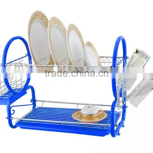 Kawachi Stainless Steel Chrome 2 Tier Dish Drainer Rack Glass Utensil-Blue thumbnail-1