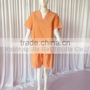Orange/Green Solid Stripe Unisex Pajama Sets V-Neck Short Sleeve Sleepwear Summer/Autumn Couple Spa Shirt+Pants Pajama Sets thumbnail-3