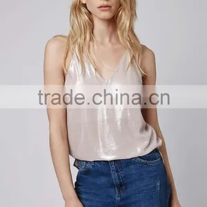 Sexy Nude Metallic Reflective Vest Spaghetti Strap Tank Top HSD2131 thumbnail-1