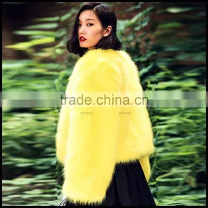 2015 High Fashion Young Ladies Short Styles Yellow Coats Faux Fox Fur Coat for Winter Stylish Overcoat thumbnail-4