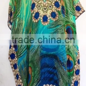 DIGITAL Print Viscose Crepe Crystal Embellish Kaftan CAFTAN Tunic Poncho Blouse thumbnail-1