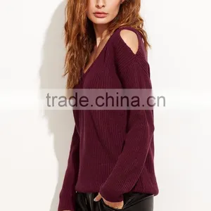 Custom V Neck Cold Shoulder Burgundy Sweater Cotton Polyester Blends Drop Shoulder Sweatshirt thumbnail-4