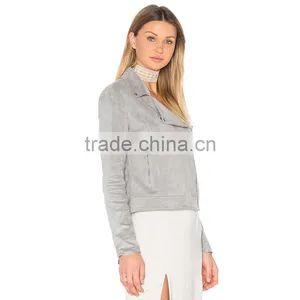 Autumn 2018 Lady Clothing Silver Faux Suede Zip up Motorcycle Jacket thumbnail-2