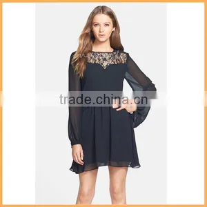 Ladies Black Lace Tunic Dress Unique Mesh Long Sleeve Chiffon Dress D0099 thumbnail-1