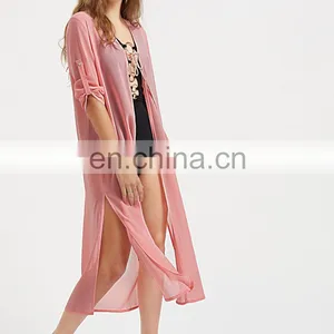 Tassel Tie Front Roll Sleeve Slit Beach Kimono thumbnail-2