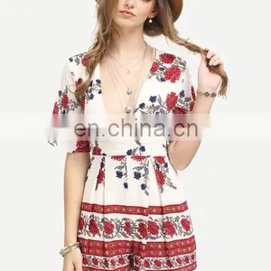 Japanese Girl, Lady Dress, Multicolor Print Half Sleeve Deep V Neck Jumpsuit thumbnail-2