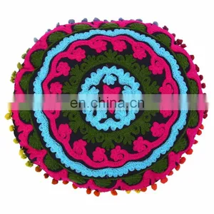 Indian Cotton Cushion Cover Suzani Embroidered Pillow Case Boho Sofa Home Decor thumbnail-1