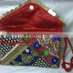 Trendy Rajasthani Zari Embroidered Traditional Indian Vintage Banjara Coin Clutch Tribal Ethnic Gypsy Clutch Handbag Pouch Bag thumbnail-4