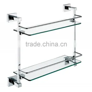 Chrome Brass Wall Hanging Double T Bathroom Glass Shelf 93612 thumbnail-1