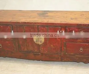Antique Chinese Old Red Low Cabinet With Drawers thumbnail-1